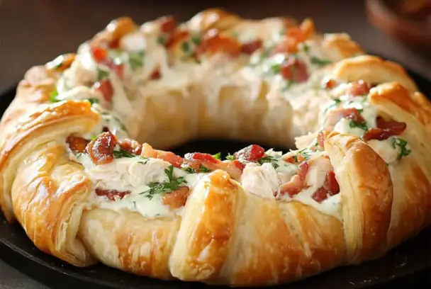 Golden crescent ring stuffed with ranch-seasoned chicken, crispy bacon, and fresh herbs, beautifully baked and served on a black plate.