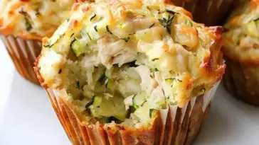 Golden savory muffin filled with shredded chicken, melted cheese, and fresh zucchini, shown with a moist interior and crispy edges — perfect for meal prep or kid-friendly snacking.