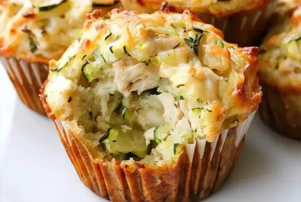 Golden savory muffin filled with shredded chicken, melted cheese, and fresh zucchini, shown with a moist interior and crispy edges — perfect for meal prep or kid-friendly snacking.