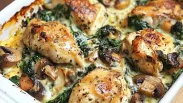 Close-up of golden baked chicken breasts nestled in a creamy spinach and mushroom sauce, served in a white baking dish for a hearty low-carb meal.
