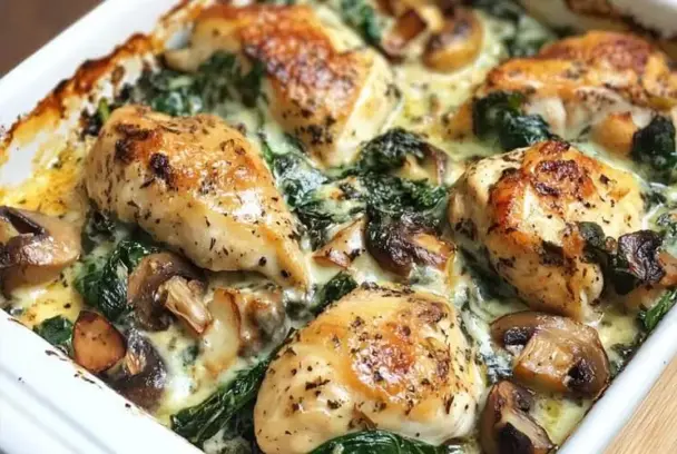 Close-up of golden baked chicken breasts nestled in a creamy spinach and mushroom sauce, served in a white baking dish for a hearty low-carb meal.