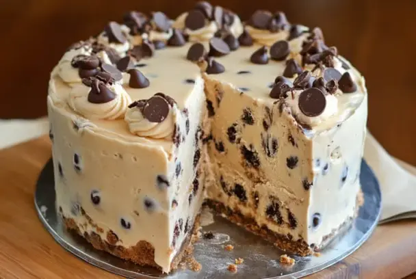 Close-up of a Chocolate Chip Cookie Dough Ice Cream Cake, showing thick layers packed with chocolate chips and cookie dough chunks, topped with whipped cream and chocolate pieces.