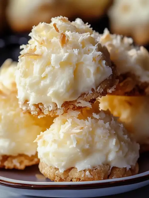 Close-up of soft and chewy Coconut Cheesecake Cookies with golden edges and shredded coconut on top, arranged on a cooling rack for a tropical dessert presentation.