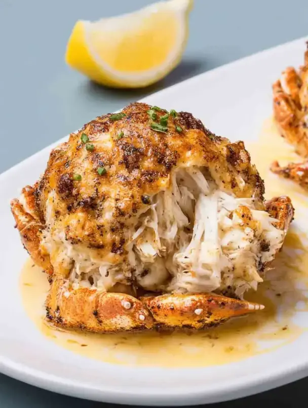 Overhead shot of two golden crab bombs plated with lemon wedges, sprinkled with Old Bay, and served alongside fresh green salad.