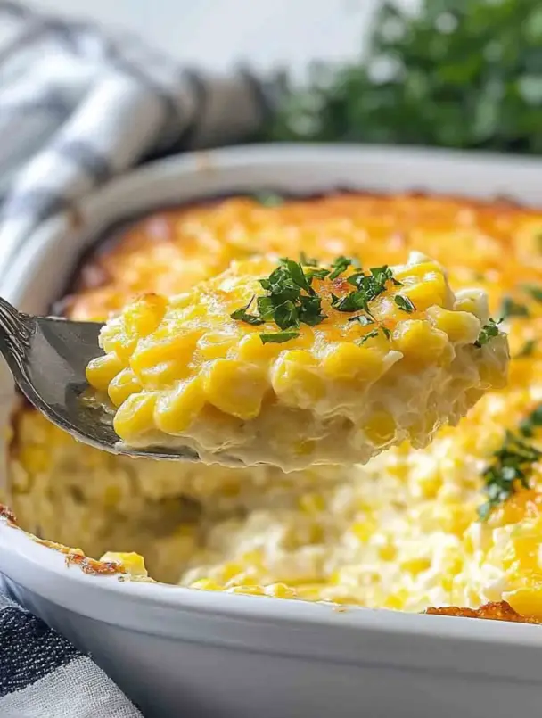 Golden-baked cream cheese corn casserole in a white dish, topped with melted cheese and served as a holiday side.