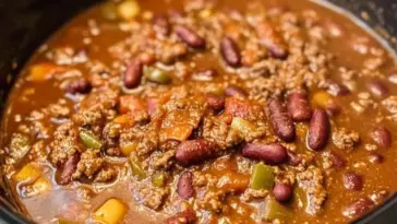 Close-up of crockpot chili with ground beef, kidney beans, tomatoes, and green bell peppers in a thick, savory sauce, ready to serve.