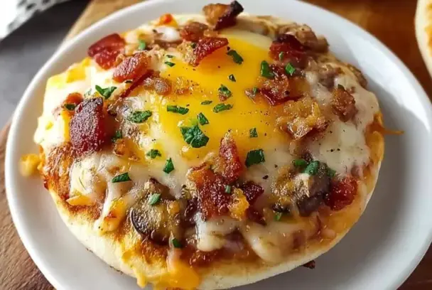 English Muffin Breakfast Pizza topped with melted cheese, crumbled bacon, sausage, and a sunny-side-up egg, served on a white plate with chopped herbs.