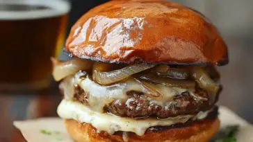 Front view of a juicy French Onion Soup Burgers topped with caramelized onions and melted cheese on a glossy brioche bun, with a glass of beer in the background.