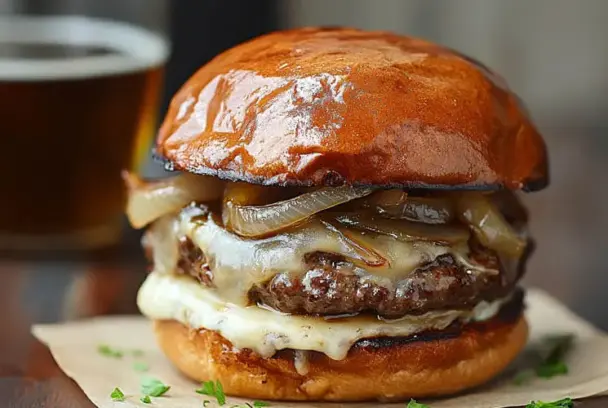 Front view of a juicy French Onion Soup Burgers topped with caramelized onions and melted cheese on a glossy brioche bun, with a glass of beer in the background.