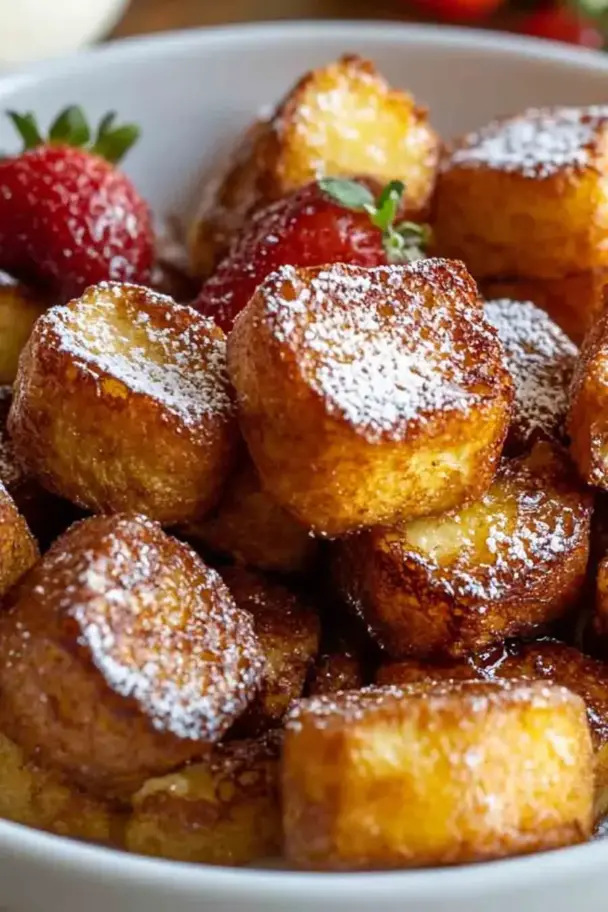 Step-by-step process of dipping bread cubes in cinnamon egg custard for French toast bites