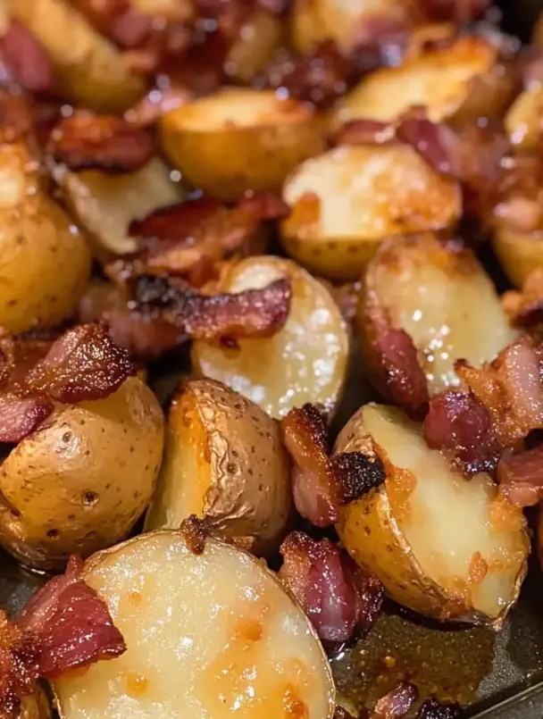 Close-up of crispy roasted baby potatoes topped with caramelized bacon and glazed with honey and garlic.