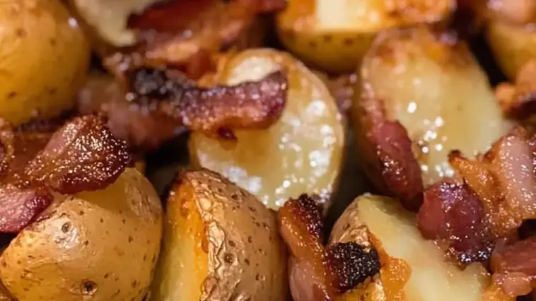 Close-up of crispy roasted baby potatoes topped with caramelized bacon and glazed with honey and garlic.