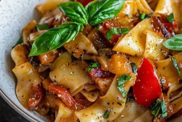 Bowl of Italian Drunken Noodles with wide egg noodles, sausage, vibrant bell peppers, and fresh basil, topped with cracked black pepper.