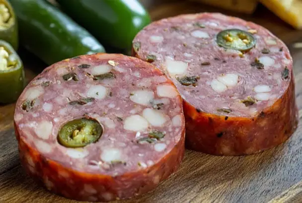 Sliced jalapeño and pepper jack summer sausage showing spicy green pepper pieces, creamy cheese chunks, and smoky cured meat on a wooden board.