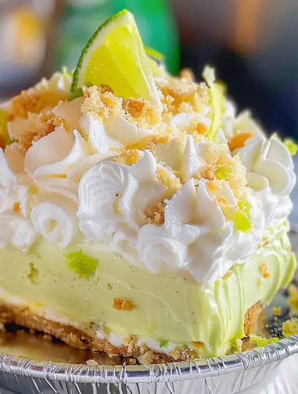 Overhead shot of a slice of Key Lime Pie Lush showing its distinct creamy layers of whipped topping, key lime filling, and graham cracker crust—garnished with lime zest.