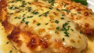 Golden, crispy Longhorn Steakhouse Parmesan Crusted Chicken topped with melted cheese and herbs, served on a white plate with buttery sauce.