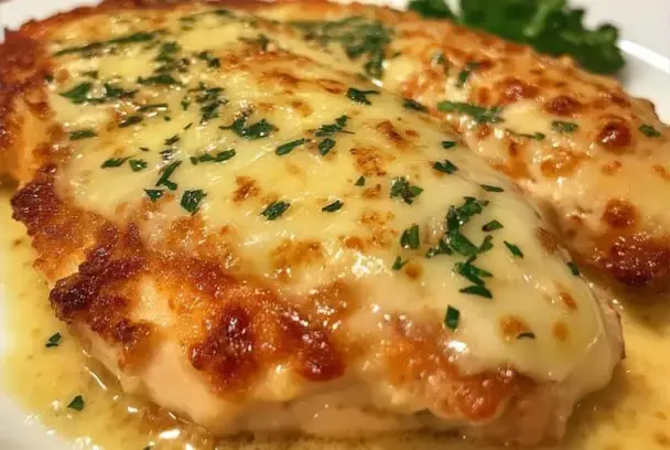 Golden, crispy Longhorn Steakhouse Parmesan Crusted Chicken topped with melted cheese and herbs, served on a white plate with buttery sauce.