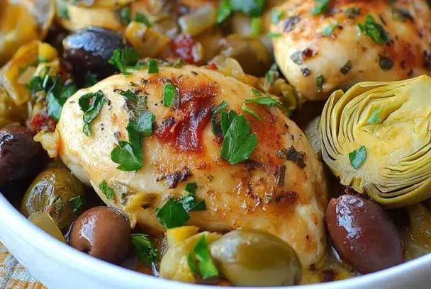 Close-up of Mediterranean lemon chicken garnished with parsley, surrounded by Kalamata olives, green olives, artichoke hearts, and preserved lemons.