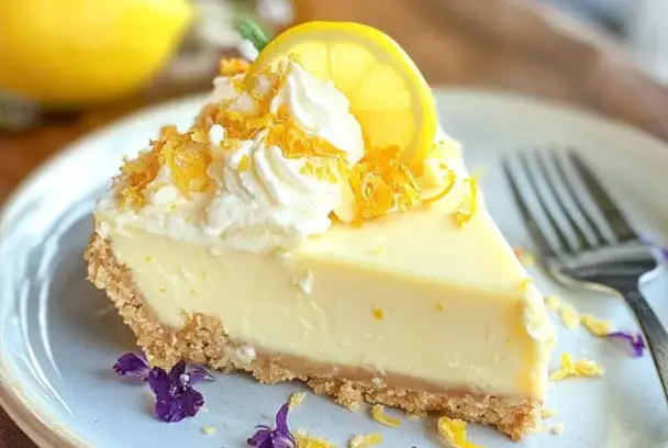 Slice of creamy no bake lemon pie with a graham cracker crust, topped with whipped cream, lemon zest, and a lemon slice, served on a white plate with a fork.