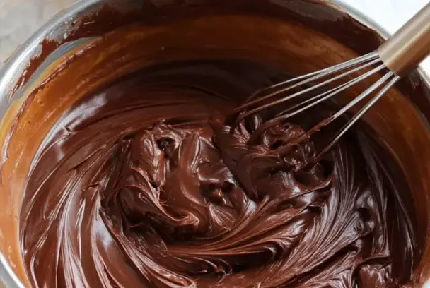 Close-up of smooth and glossy old fashioned fudge icing being whisked in a bowl, ready to frost cakes or brownies.