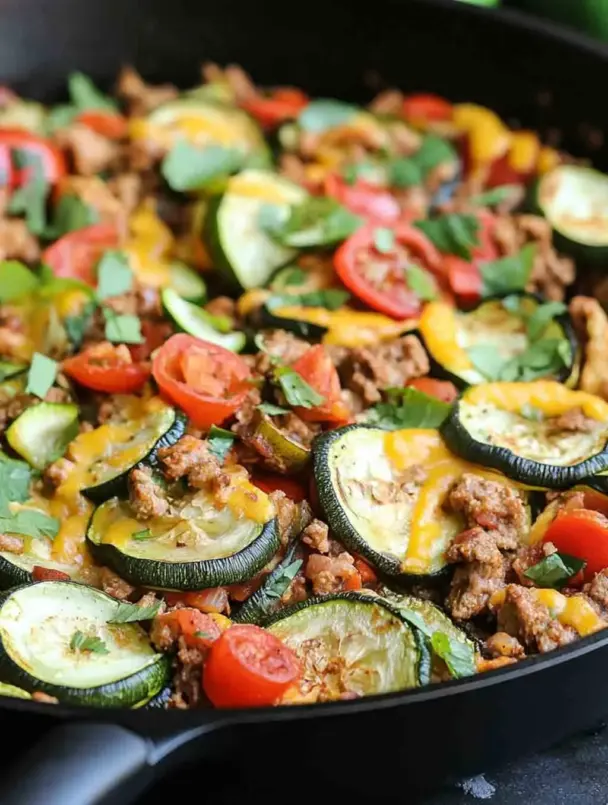 Close-up of a one-pan taco zucchini skillet featuring sliced zucchini, ground meat, melted cheese, and cherry tomatoes, garnished with fresh herbs.