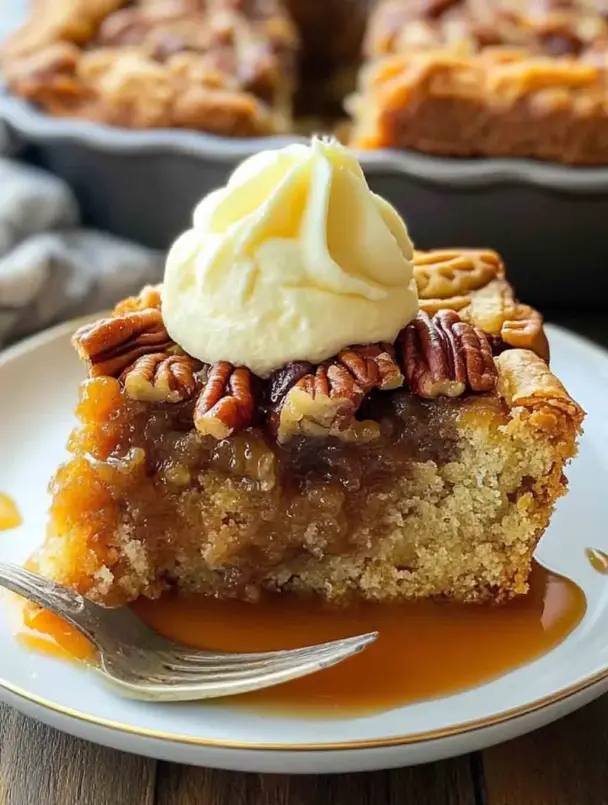 Overhead shot of a gooey pecan pie dump cake in a baking dish, golden brown on top, topped with pecans and served with vanilla ice cream.