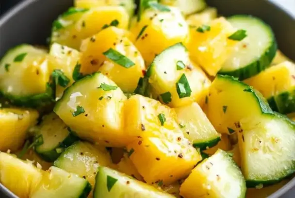 Bowl filled with bright pineapple chunks and sliced cucumber, tossed with fresh herbs and black pepper, creating a colorful and refreshing tropical salad.