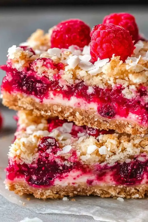 Raspberry Coconut Magic Bars sliced into squares, showing layers of raspberry jam, coconut, chocolate chips, and a golden graham cracker crust.