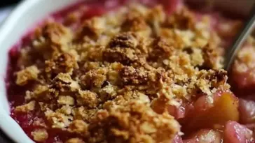 Golden brown rhubarb crisp baked in a white dish with bubbling edges, topped with a crunchy oat crumble and served with vanilla ice cream.