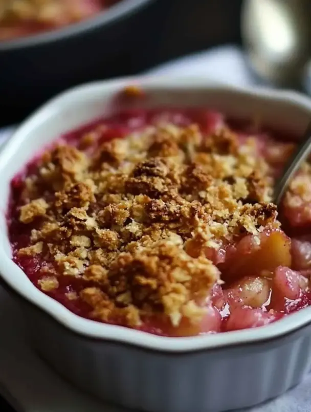 Golden brown rhubarb crisp baked in a white dish with bubbling edges, topped with a crunchy oat crumble and served with vanilla ice cream.