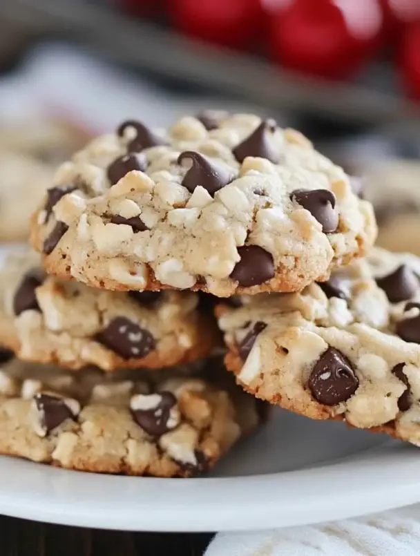 A stack of golden-brown Rice Krispie Chocolate Chip Cookies with crispy edges, gooey centers, and visible puffed rice cereal for added crunch.