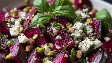 Close-up of vibrant roasted beet salad featuring whipped feta, toasted pistachios, fresh herbs, and a glossy lemon vinaigrette in a white bowl.