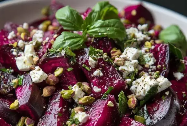 Close-up of vibrant roasted beet salad featuring whipped feta, toasted pistachios, fresh herbs, and a glossy lemon vinaigrette in a white bowl.
