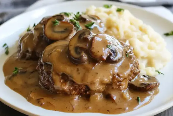 Close-up of homemade Salisbury steaks topped with mushroom gravy and served with creamy mashed potatoes on a white plate, garnished with fresh herbs.