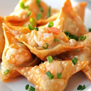 Golden crispy shrimp and cream cheese wontons garnished with chopped green onions, served on a white plate for an appetizer or snack.