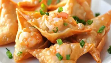 Crispy homemade shrimp and cream cheese wontons topped with fresh chopped green onions, served on a white plate as an appetizer.