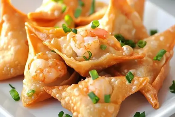 Crispy homemade shrimp and cream cheese wontons topped with fresh chopped green onions, served on a white plate as an appetizer.
