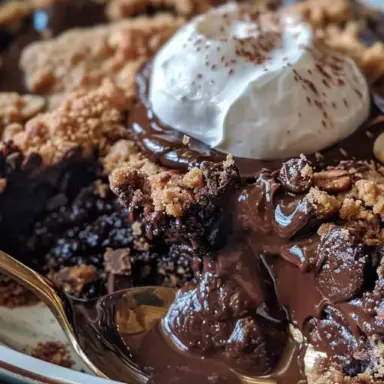 A warm slice of Southern Chocolate Cobbler served in a white dish, topped with vanilla ice cream and drizzled with chocolate sauce.