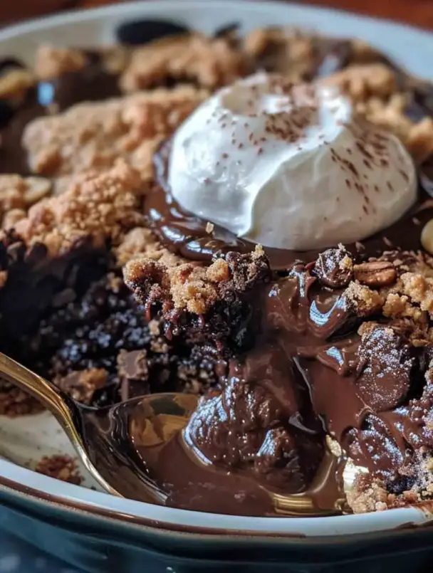 A warm slice of Southern Chocolate Cobbler served in a white dish, topped with vanilla ice cream and drizzled with chocolate sauce.
