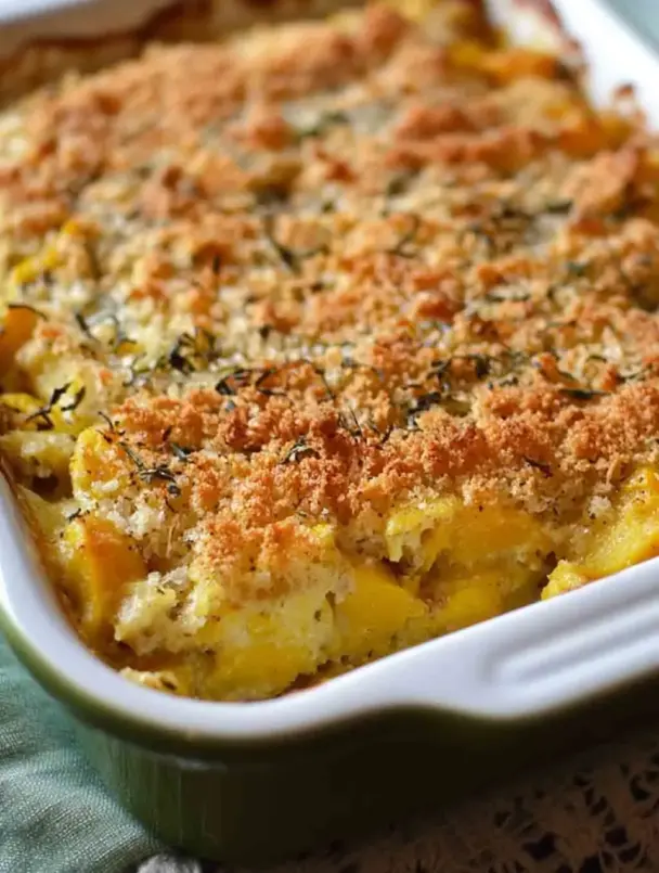 Overhead view of creamy Southern squash casserole in a white baking dish, topped with golden Ritz crackers and melted cheddar cheese – a comforting holiday side dish.