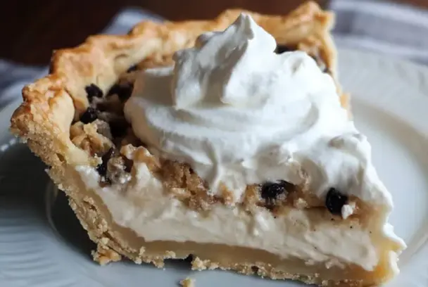A slice of stupid pie featuring a golden flaky crust, rich creamy filling, dotted with small chocolate chips or raisins, and crowned with a generous swirl of whipped cream on a white plate.