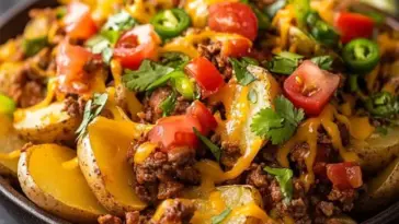 Loaded taco potatoes topped with seasoned beef, melted cheese, sliced jalapeños, chopped tomatoes, and fresh cilantro on a dark plate