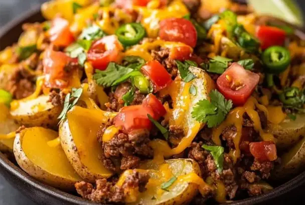 Loaded taco potatoes topped with seasoned beef, melted cheese, sliced jalapeños, chopped tomatoes, and fresh cilantro on a dark plate