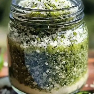 A jar of homemade zesty jalapeño salt on a wooden board with scattered lime zest and dried jalapeño flakes, surrounded by grilled vegetables and margarita glasses with spiced rims.