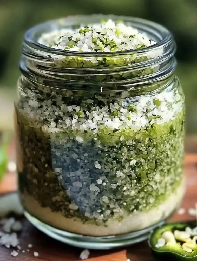 A jar of homemade zesty jalapeño salt on a wooden board with scattered lime zest and dried jalapeño flakes, surrounded by grilled vegetables and margarita glasses with spiced rims.