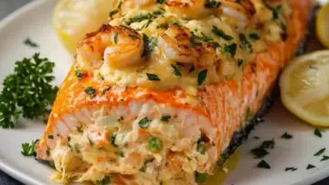 Perfectly baked salmon stuffed with a creamy crab and shrimp mixture, topped with golden shrimp and parsley, served with lemon slices on a white plate.