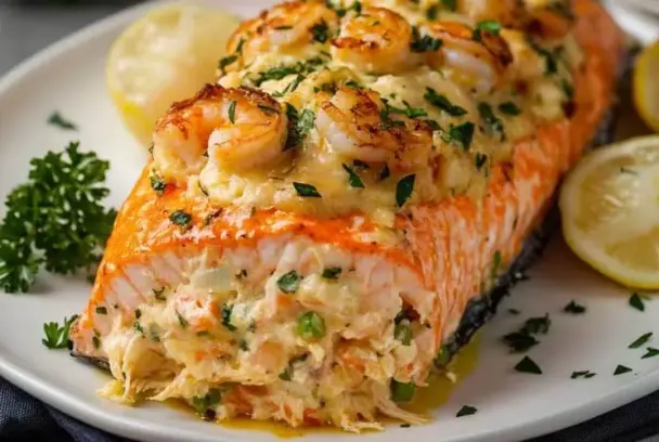 Perfectly baked salmon stuffed with a creamy crab and shrimp mixture, topped with golden shrimp and parsley, served with lemon slices on a white plate.