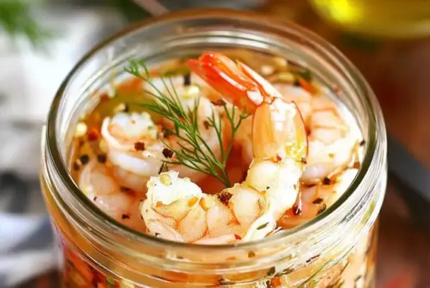 Close-up of a glass jar filled with pickled shrimp, garnished with fresh dill and visible black pepper, garlic, and red pepper flakes in a seasoned brine.