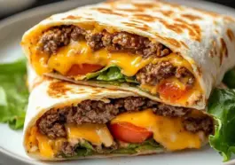 Stacked air fryer cheeseburger wraps filled with melted cheddar cheese, ground beef, lettuce, and tomato inside a toasted tortilla, served on a white plate.