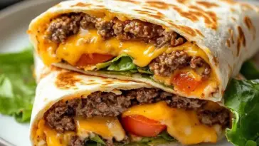 Stacked air fryer cheeseburger wraps filled with melted cheddar cheese, ground beef, lettuce, and tomato inside a toasted tortilla, served on a white plate.